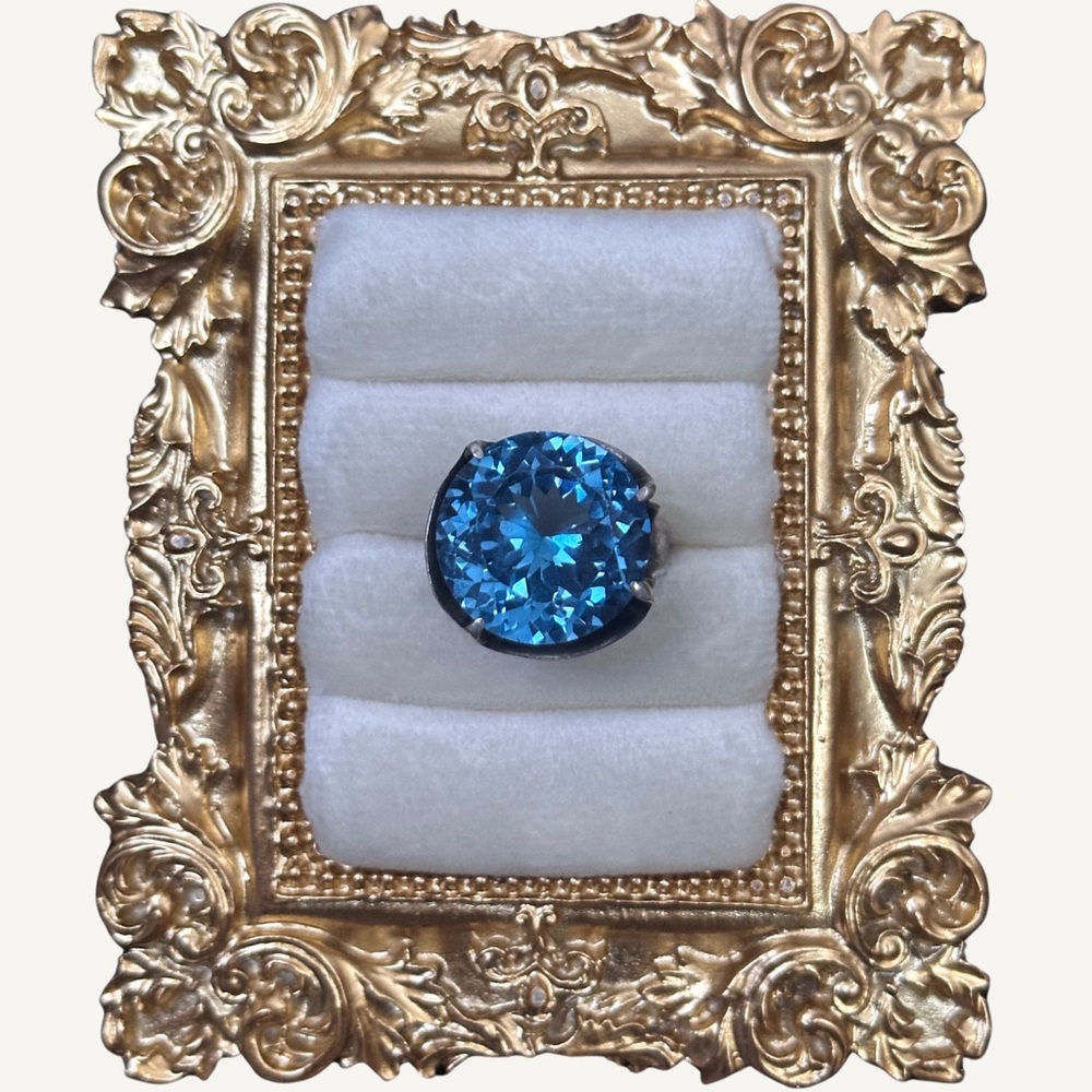 Antique London Blue Topaz Hallmarked Sterling Silver Cocktail Ring - size 6.25